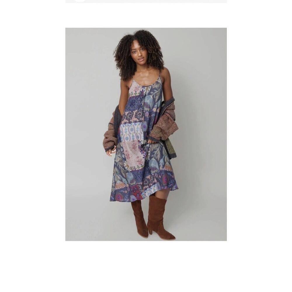 Natural Life Lizzie Midi Dress Blue Patchwork Boho Slip On Med New Floral